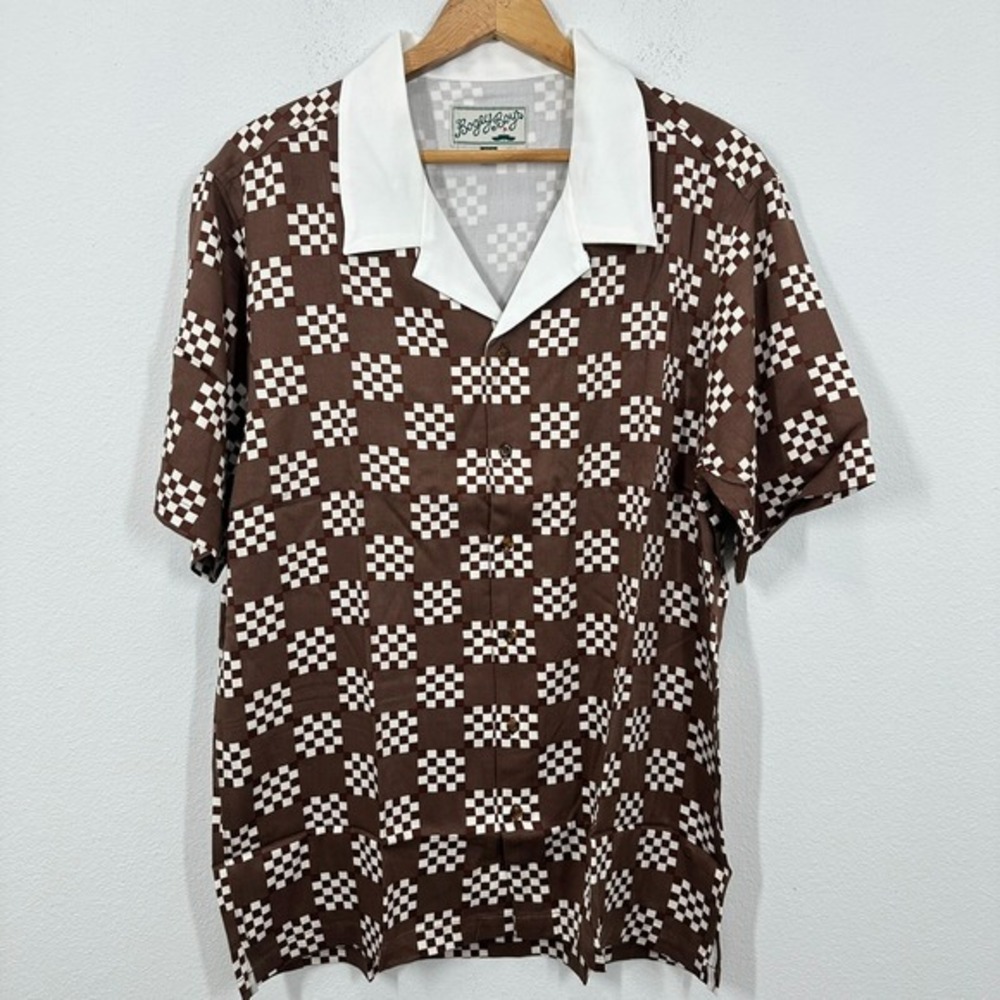 Bogey Boys Golf Shirt Casual‎ Lightweight Brown Big Check Button Up Short Sleeve